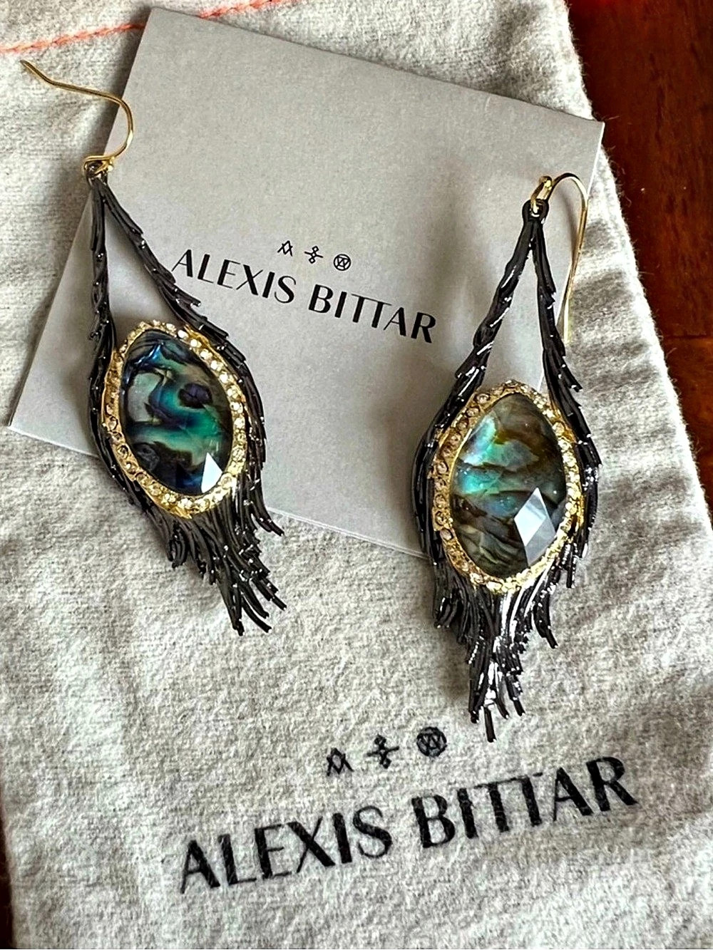 Alexis Bittar Maldivian Nested Feather Drop Earrings Gunmetal Blue Abalone OC01